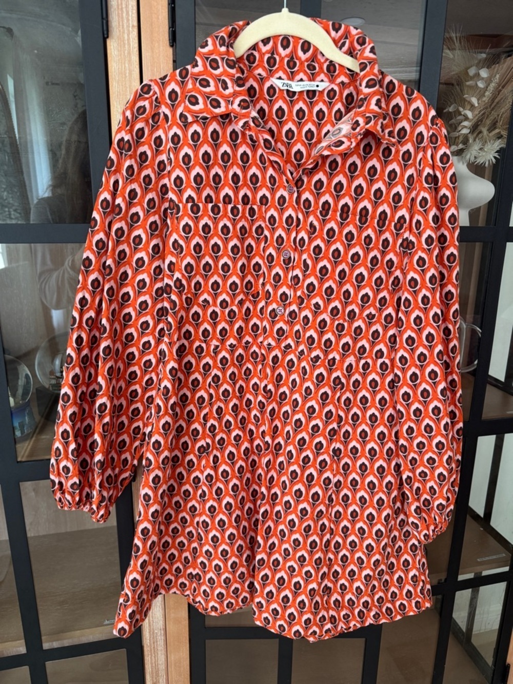 Zara block print long sleeve shirt dress button down collar bright cotton